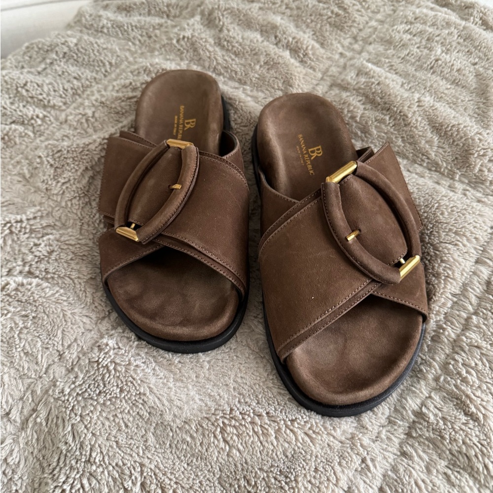 Brown Slide Sandals with Gold Buckle